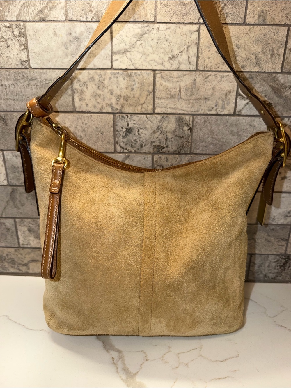 Coach Vintage 2003 Suede Legacy Tan Shoulder Bag with Leather Trim